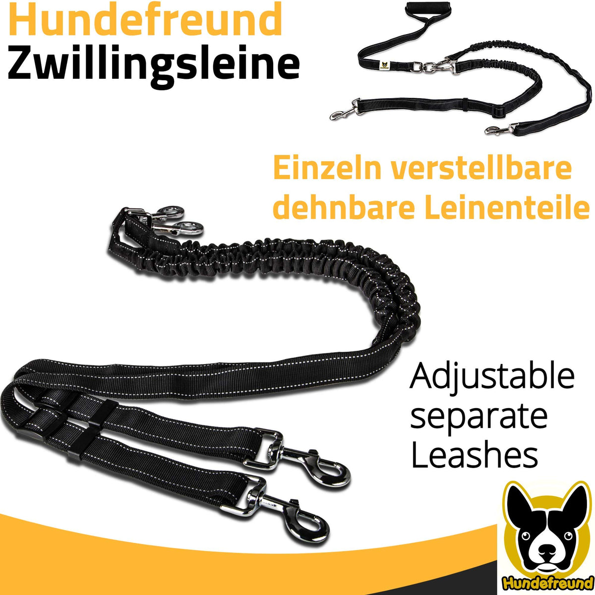 Zwillingsleine von Hundefreund in Schwarz mit einzeln verstellbaren Leinenteilen