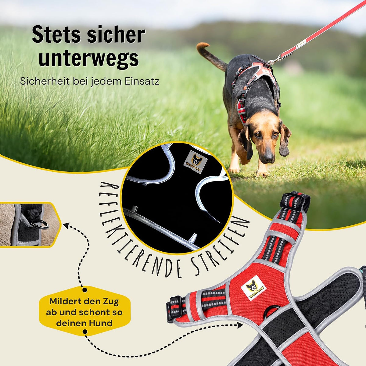 Hundegeschirr reflektierend von Hundefreund in Rot mit weicher Polsterung und atmungsaktivem Mesh