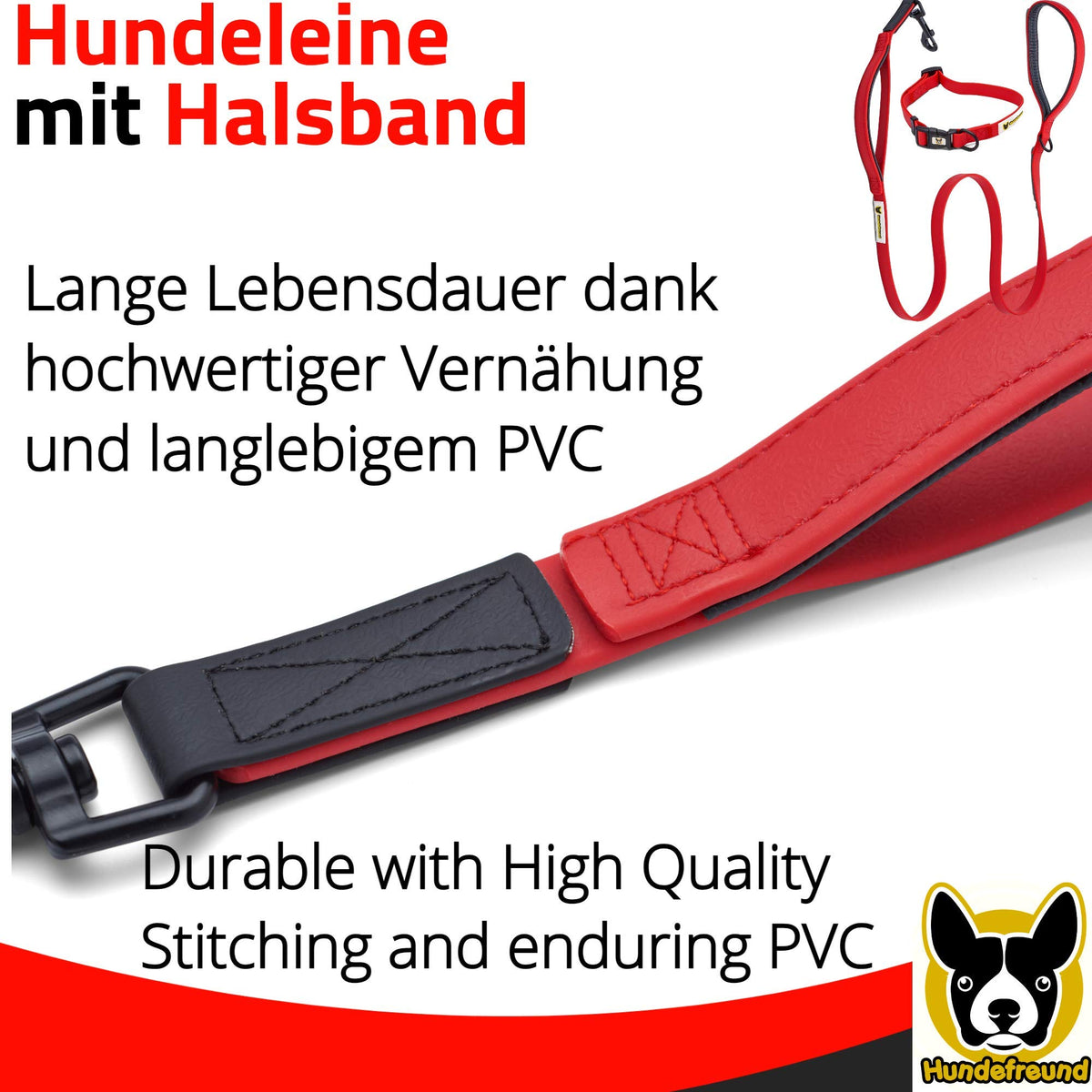 Set von Hundefreund in Rot, Detail der Vernähung und des PVC-Materials