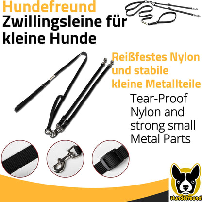 Zwillingsleine von Hundefreund in Schwarz mit oberem Leinenteil von 120 cm