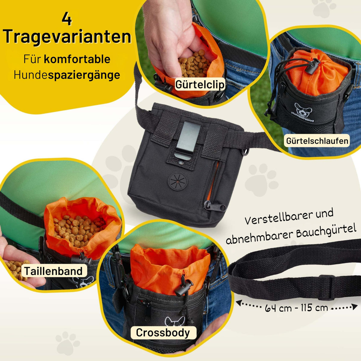 Kleiner Futterbeutel von Hundefreund in Schwarz-Orange mit vier Tragevarianten
