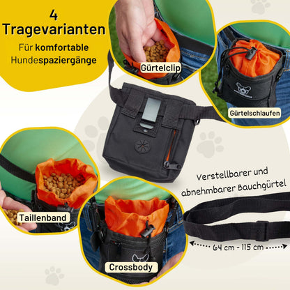 Kleiner Futterbeutel von Hundefreund in Schwarz-Orange mit vier Tragevarianten