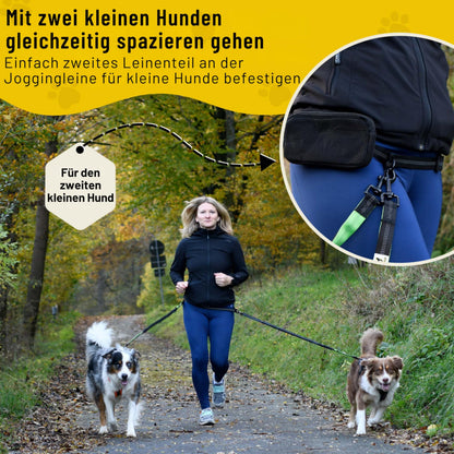 Bungeeteil von Hundefreund in Grün beim Spaziergang mit zwei kleinen Hunden