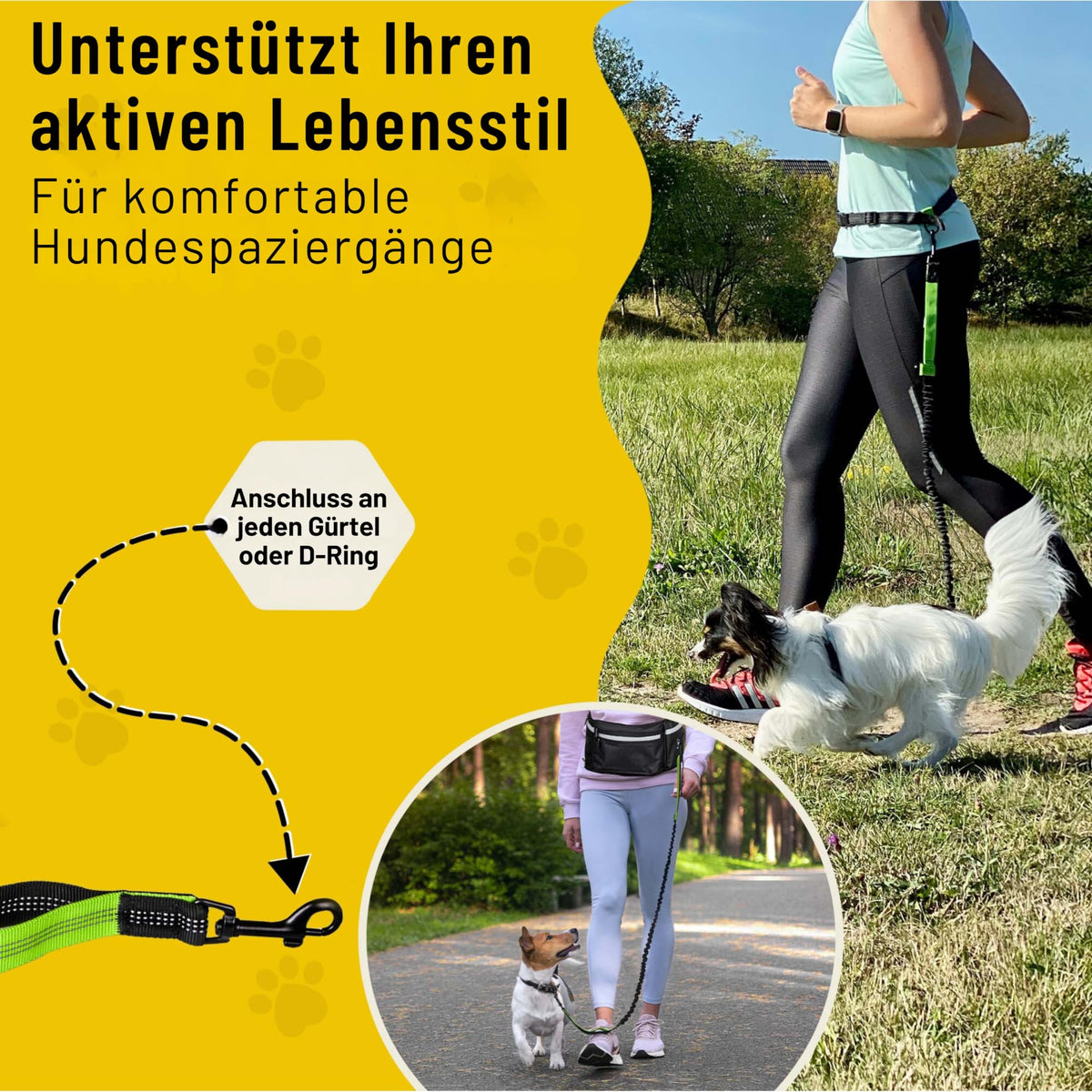 Bungeeteil von Hundefreund in Grün beim Joggen mit Hund