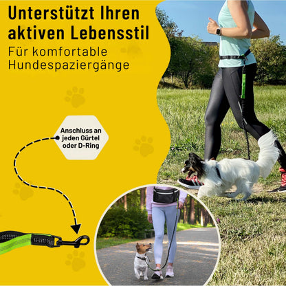 Bungeeteil von Hundefreund in Grün beim Joggen mit Hund