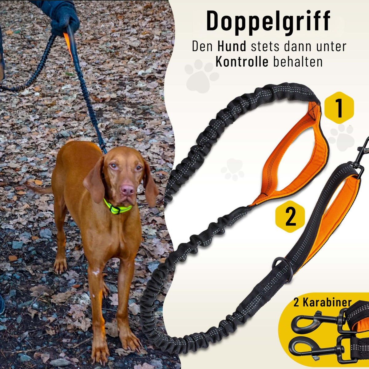 Joggingleine von Hundefreund in Orange mit Doppelgriff beim Laufen im Wald