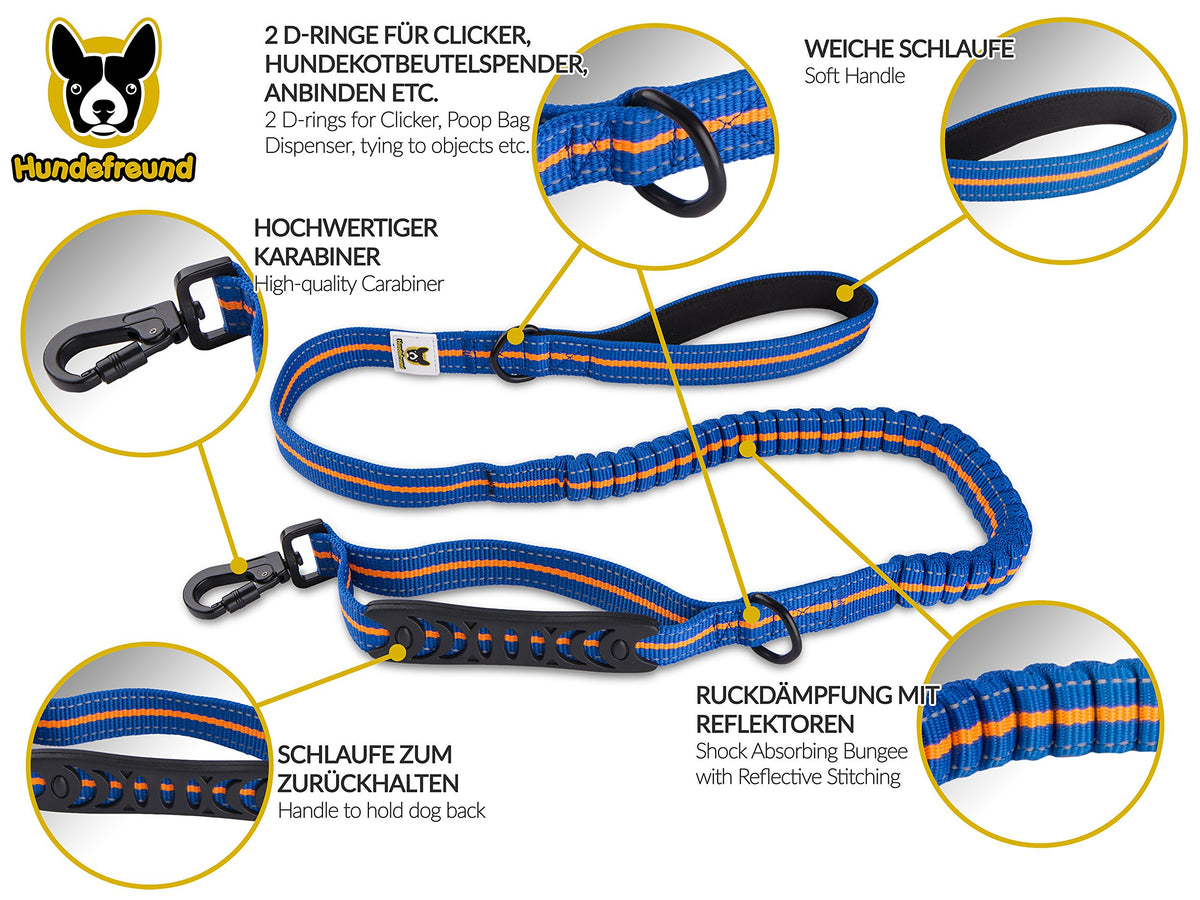 Elastische Führleine von Hundefreund in Blau-Orange, Detail von Karabiner und Griffen