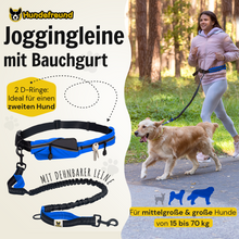 Frau joggt mit Golden Retriever an der blauen Joggingleine mit Bauchgurt – für mittelgroße und große Hunde von 15 bis 70 kg