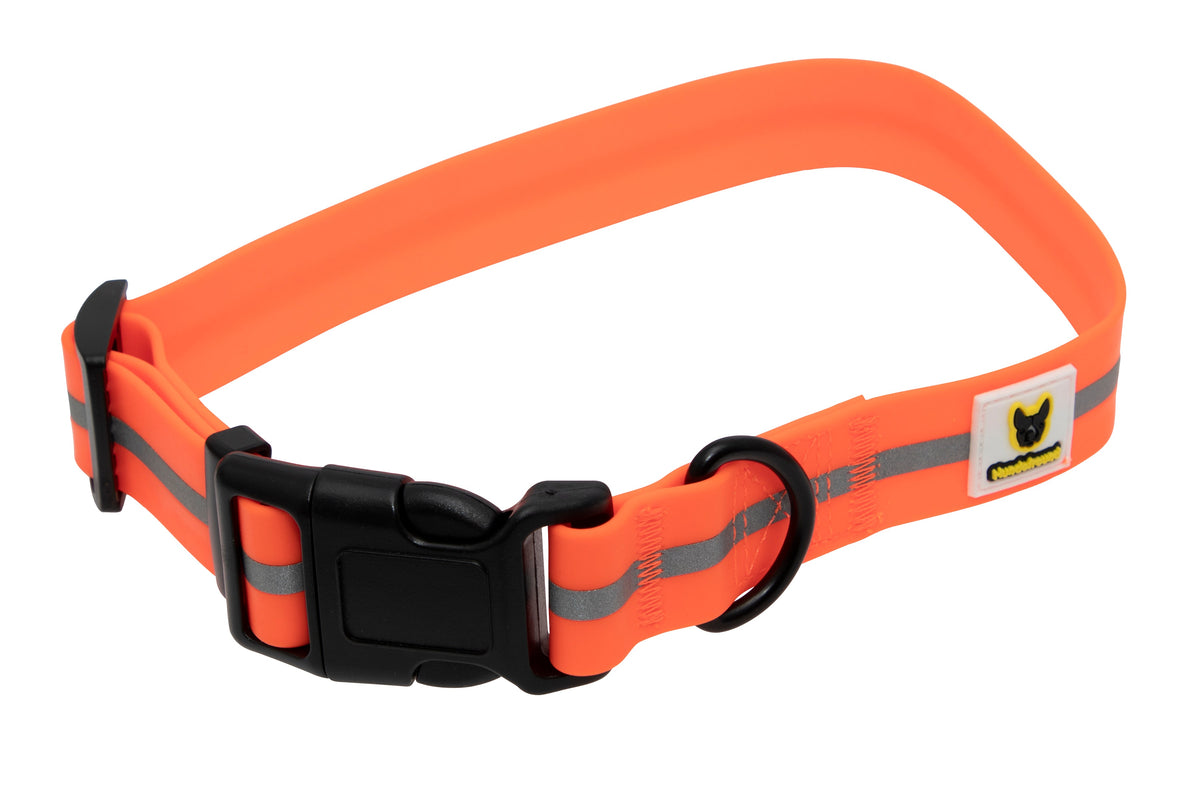 Weiches Hundehalsband von Hundefreund in Neon Orange mit reflektierendem Streifen, Steckschnalle und D-Ring