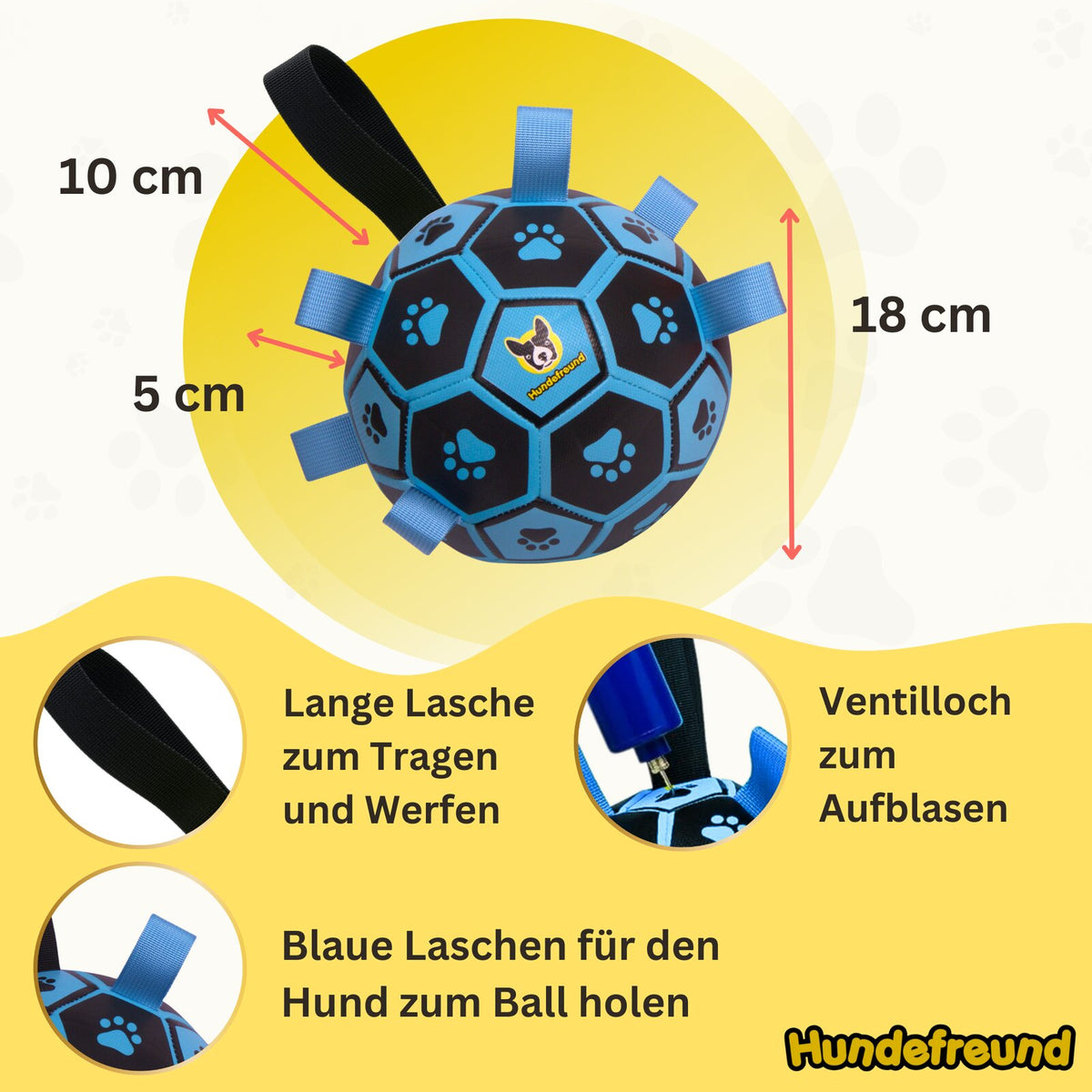 Hundefußball 18 cm von Hundefreund in Blau mit Maßangaben zum Durchmesser