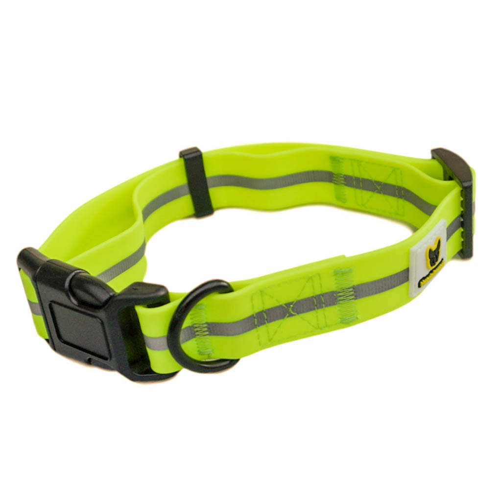 Weiches Hundehalsband von Hundefreund in Neon Gelb mit reflektierendem Streifen, Steckschnalle und D-Ring