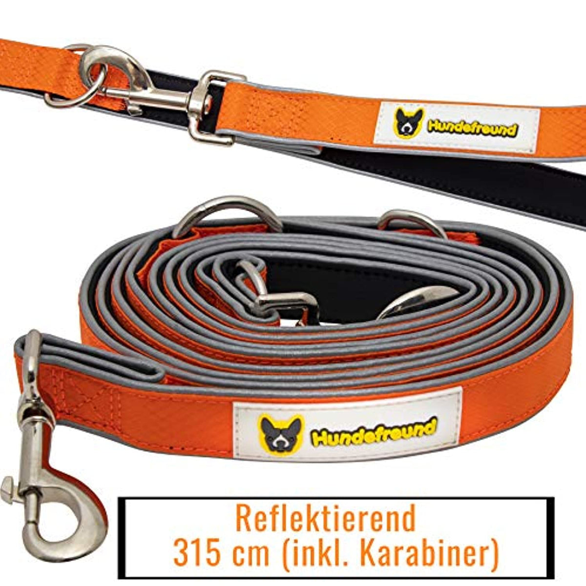 6-in-1 Multifunktionsleine von Hundefreund in Orange-Schwarz mit umgehängter Führung