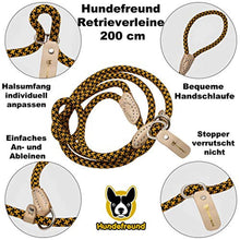 Retrieverleine mit Zugstopp von Hundefreund in Gelb-Schwarz mit geflochtenem Nylonseil Ø 12 mm