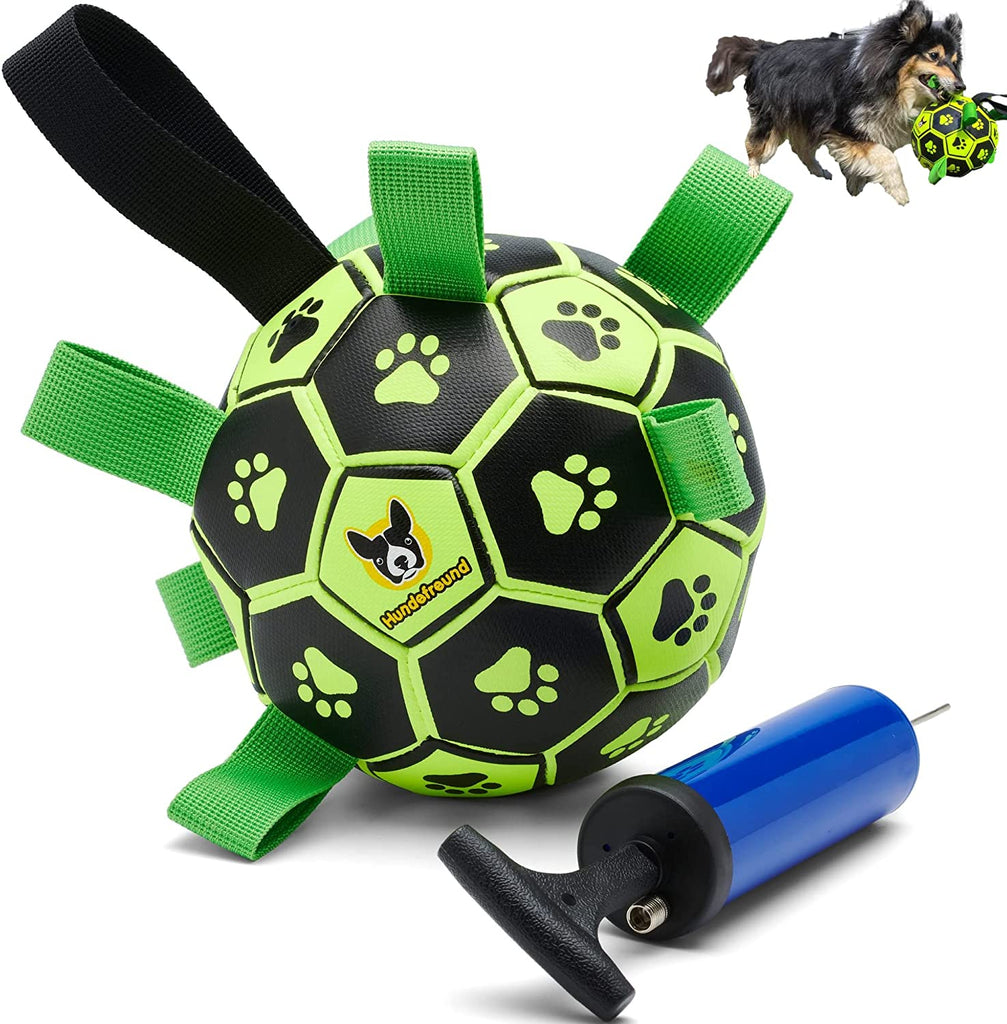Hundefreund Hundefußball leuchtend mit Haltegriffen, Hundespielzeug Fußball für Hunde mit Pumpe, Interaktiver Hundeball (15 cm)